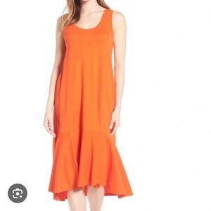 Caslon Nordstrom Orange Scoop Neck Cotton Blend Drop Waist Midi Dress Size S
